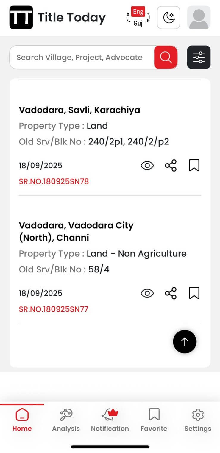 Title Today app home screen with Gujarat જાહેર નોટિસ list